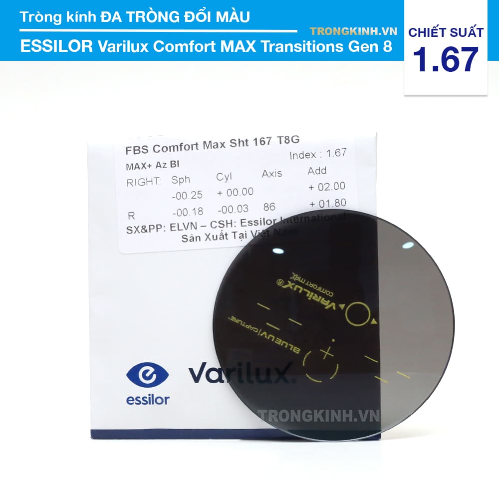 Tròng kính Essilor VariluxComfortMAXTransitionsGen8 1.67