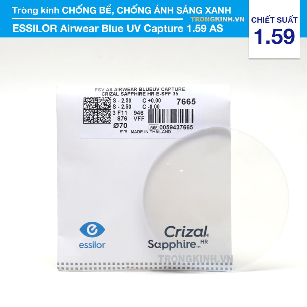 Tròng kính Essilor CrizalSapphireHRBlueUVCaptureASAirwear 1.59