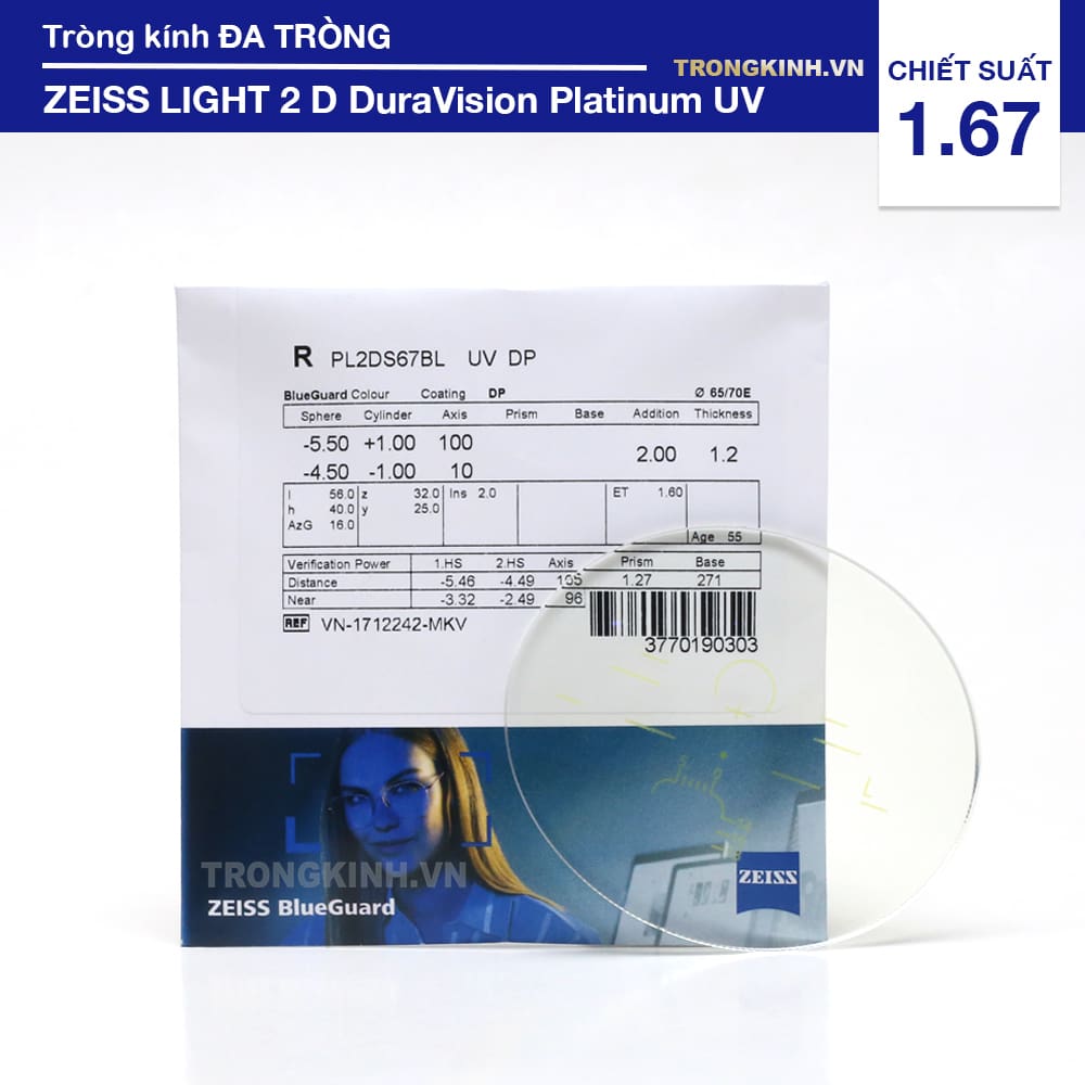 Tròng kính ZEISS Light2DDuraVisionPlatinumUV 1.67